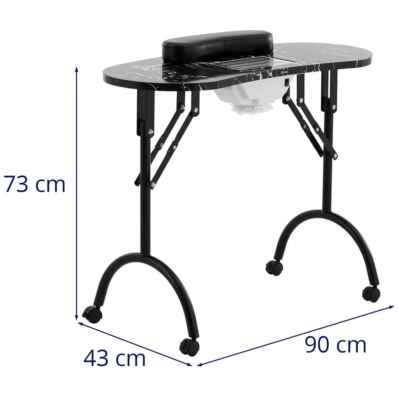Nail Desk - foldable - Black - 4 wheels - extraction