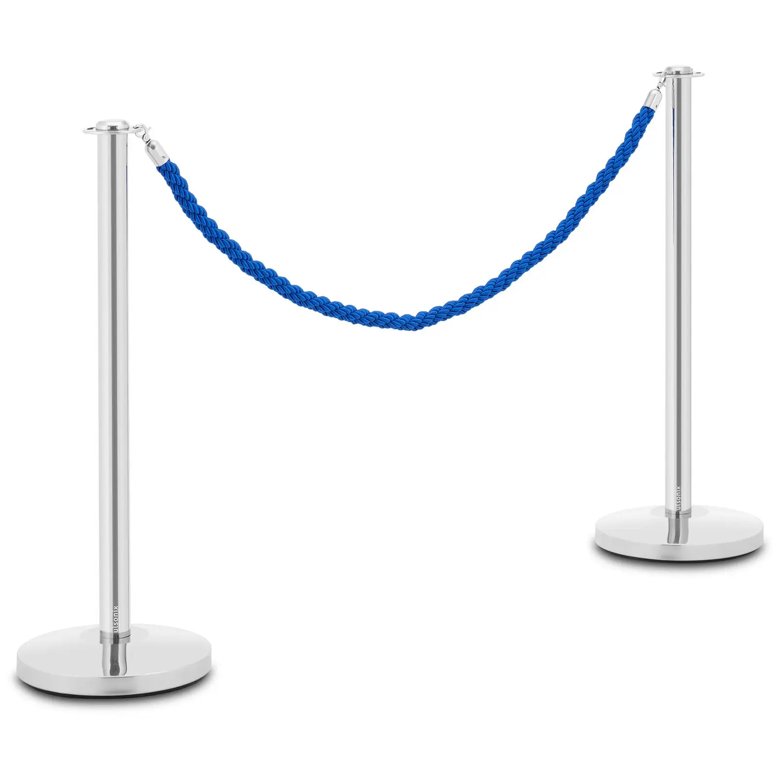 2 Barrier Posts - with barrier rope - 150 cm - silver coloured - flat head