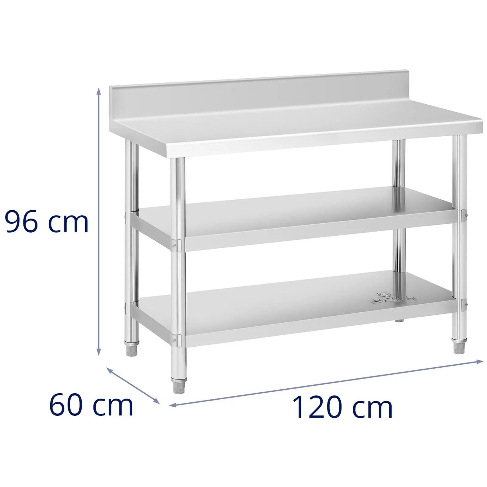 Stainless steel table with backsplash - 120 x 60 x 16.5 cm - 214 kg - 2 shelves - Royal Catering
