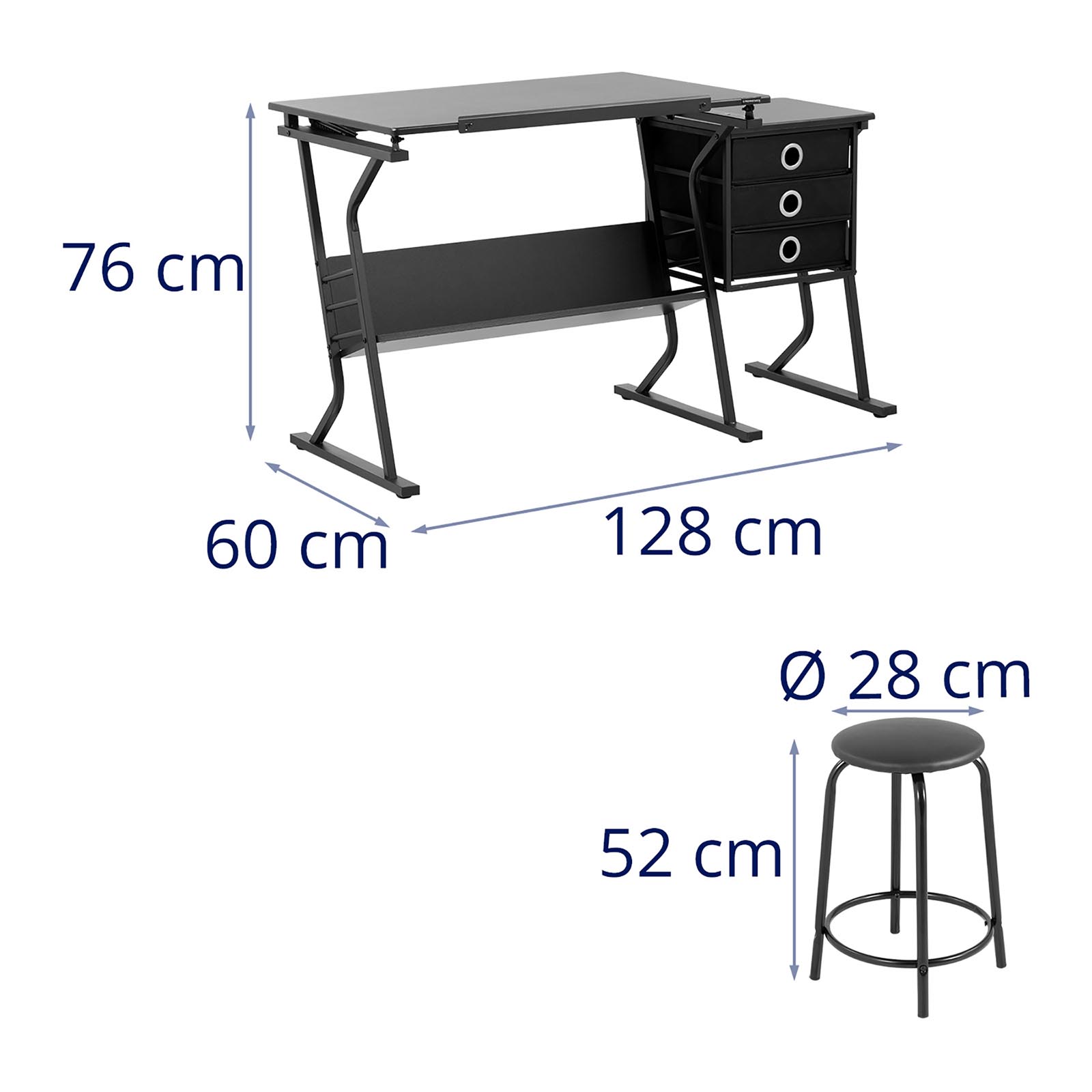 Drawing table - 90 x 60 cm - inclinable - stool and side table