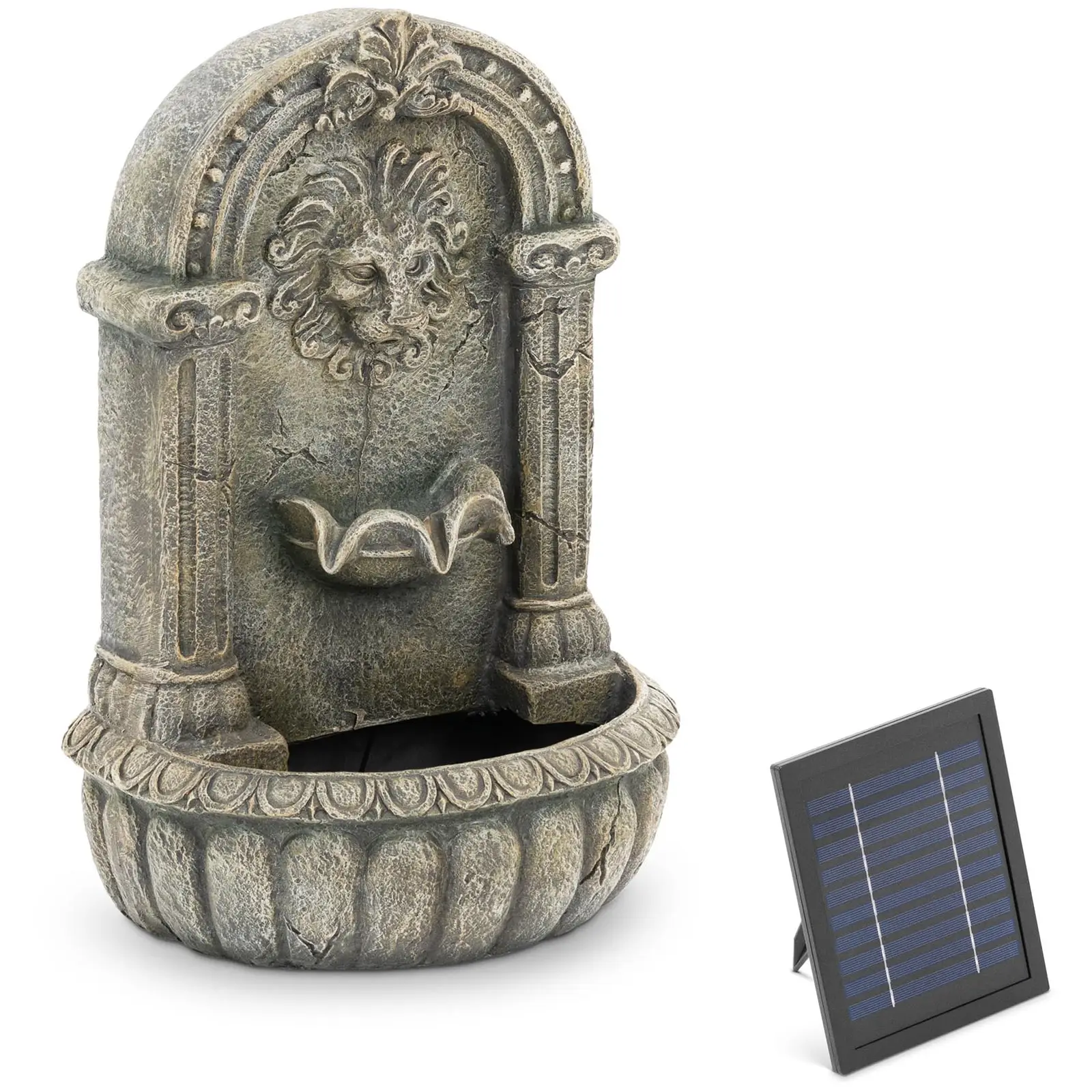 Solar garden fountain - spouting lion's head on decorated basin - LED lighting