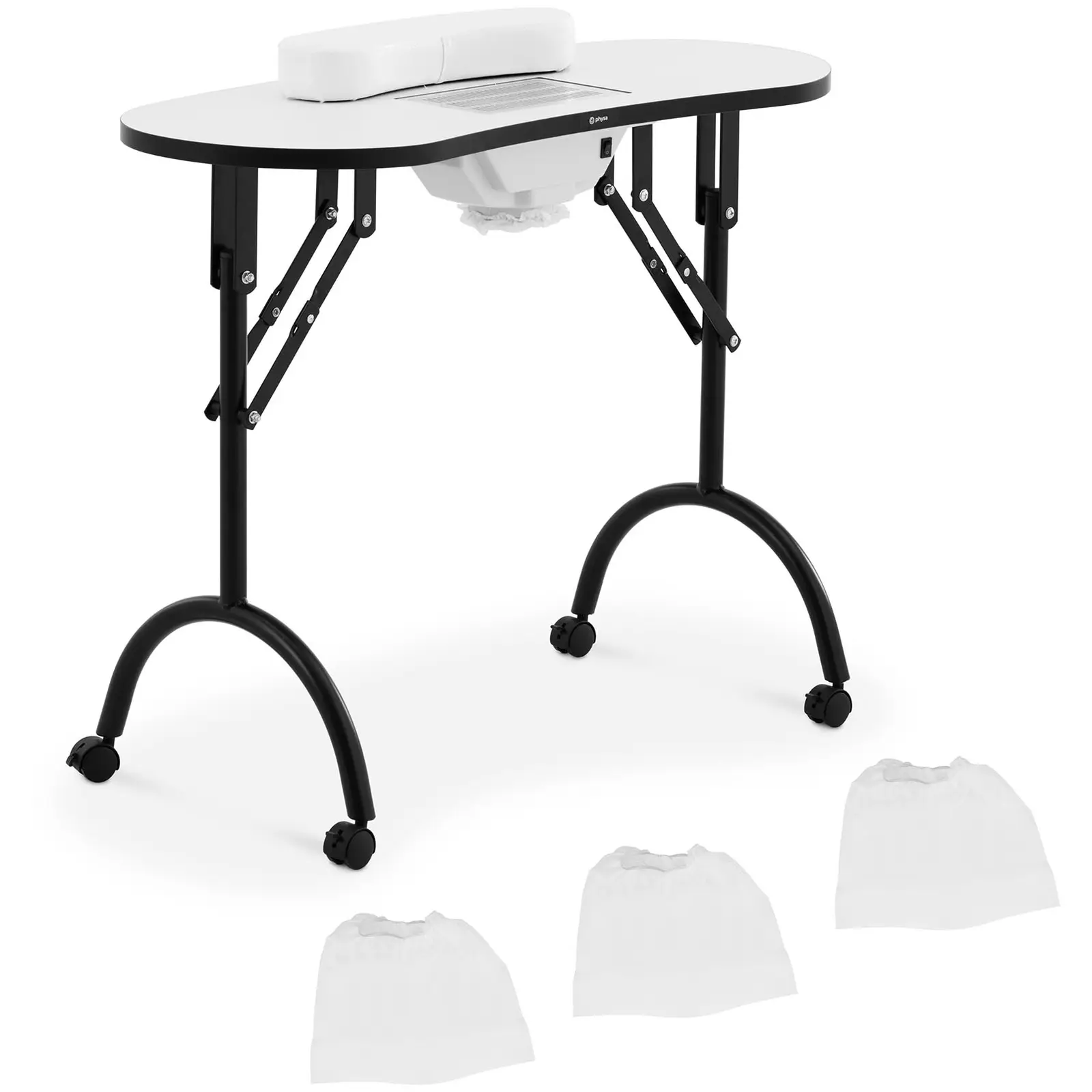 Nail Desk - foldable - White - 4 Wheels - Extraction