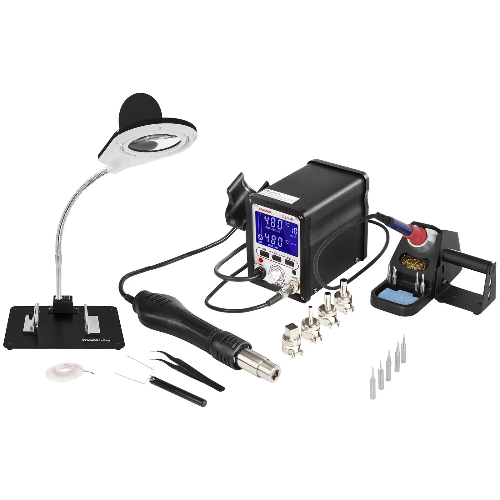 Digital Soldering Station - 70 W - Memory buttons + accessories + magnifying lamp